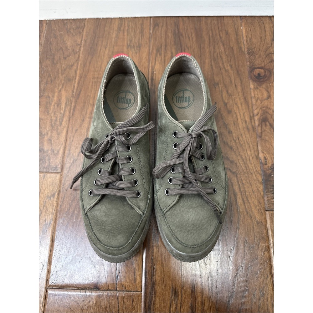FitFlop Leather Flat Rally Sneakers‎ Lace Up Green Comfort Womens 8 Biomimetrix
